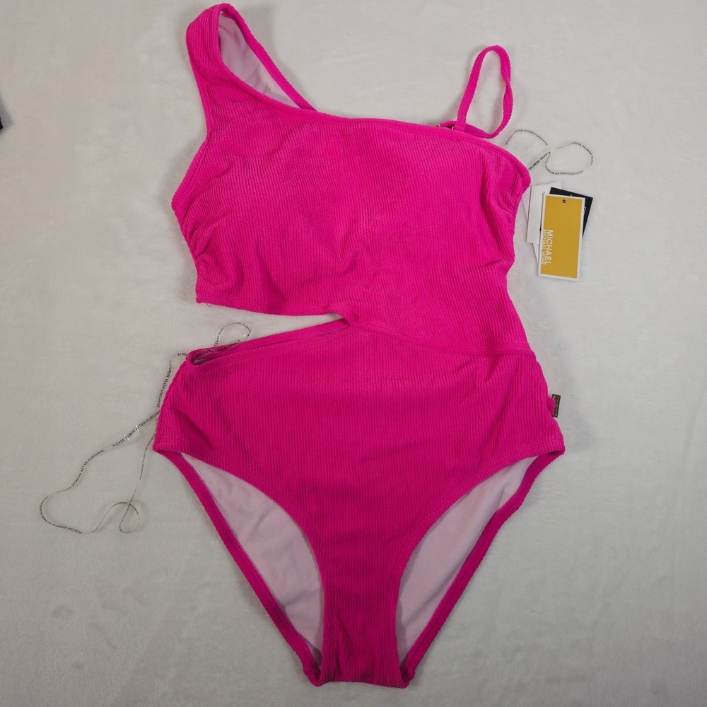 MICHAEL Michael Kors Ribbed One Shoulder Cutout One Piece Swimsuit Cerise SZ 10 - Picture 3 of 7